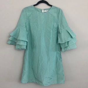 Green & White Pin Striped Dress with Bell Sleeves